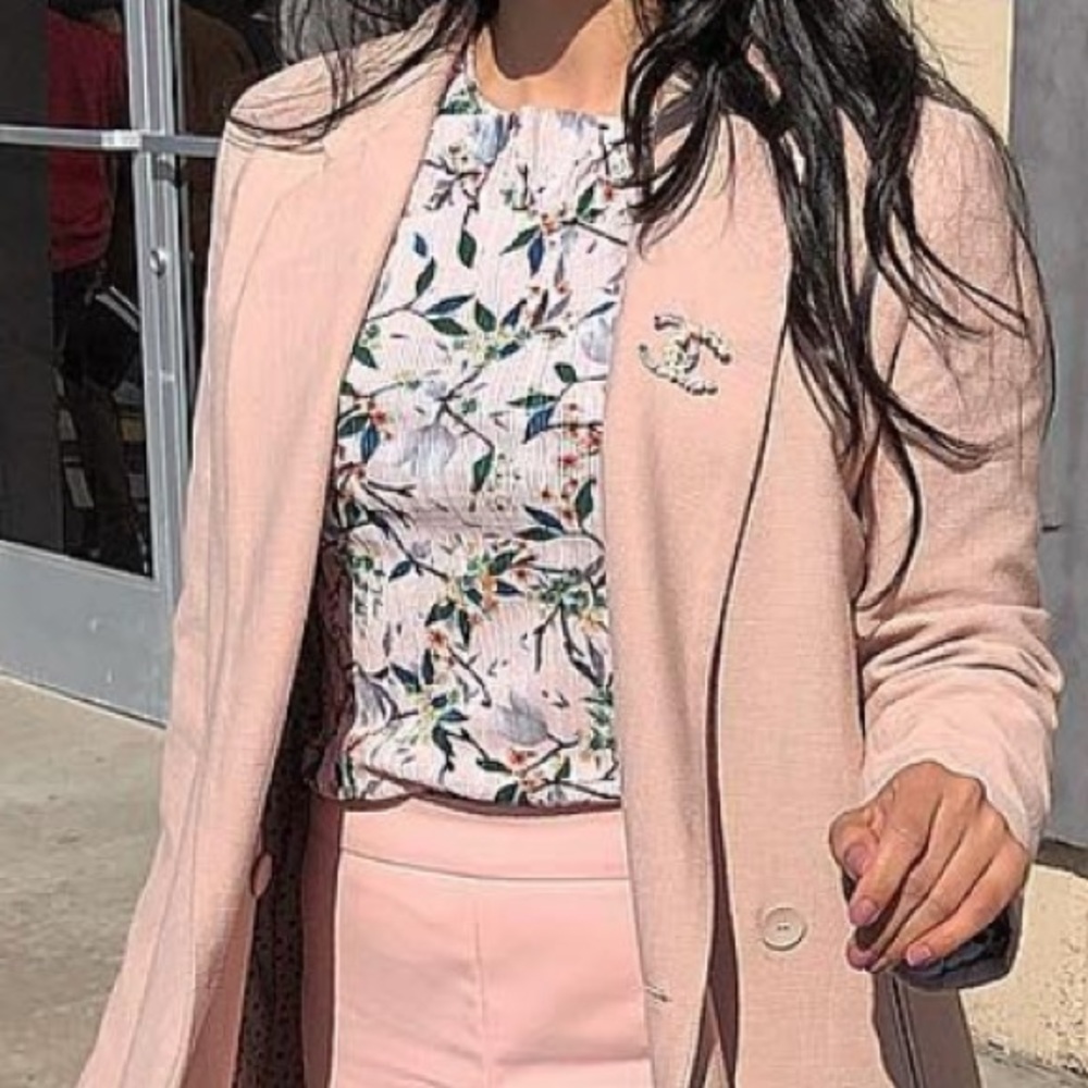 Topshop floral pleated light pink blouse